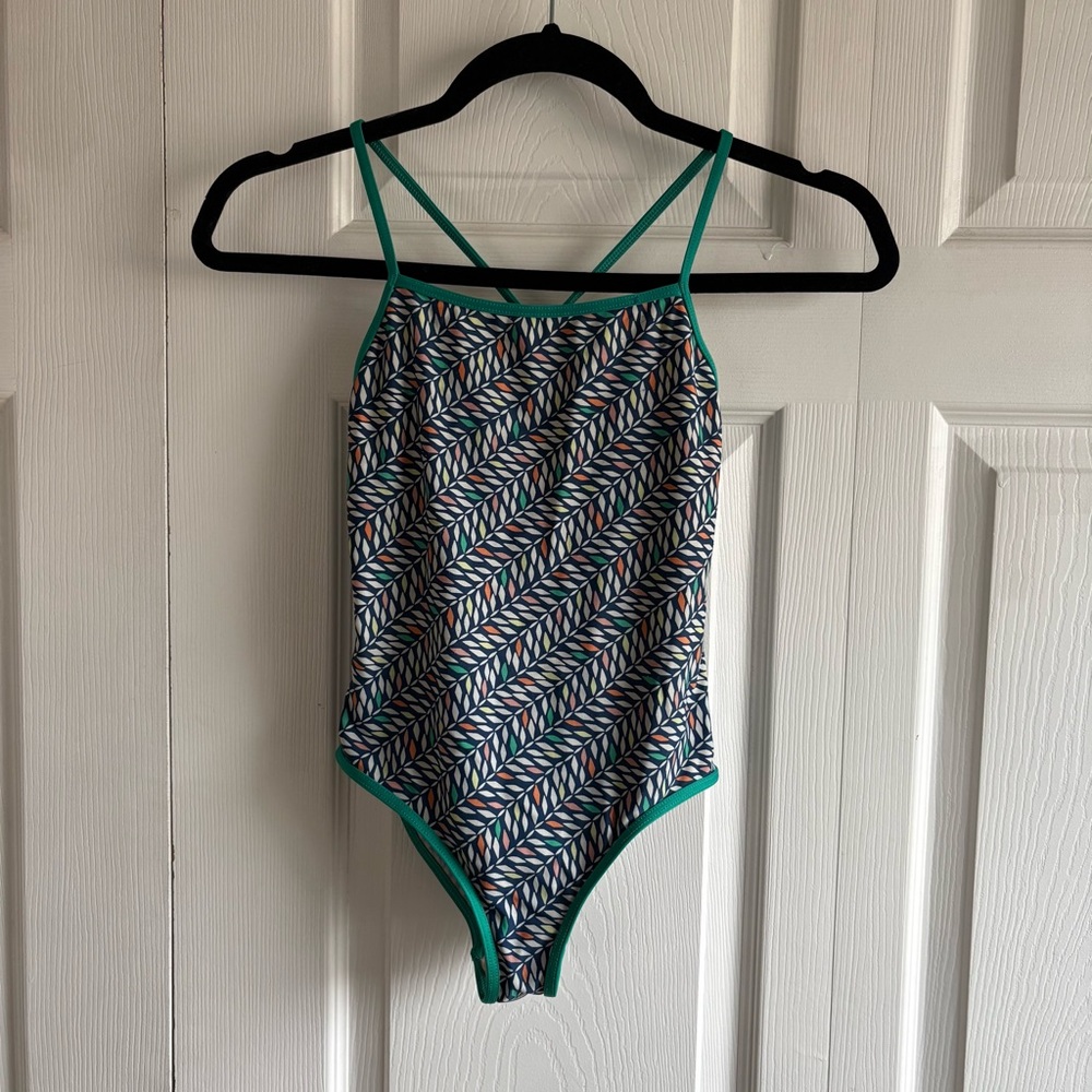 Patagonia Girl's Size M 10 One Piece Swimsuit Blue Green Pattern‎ Cross Back